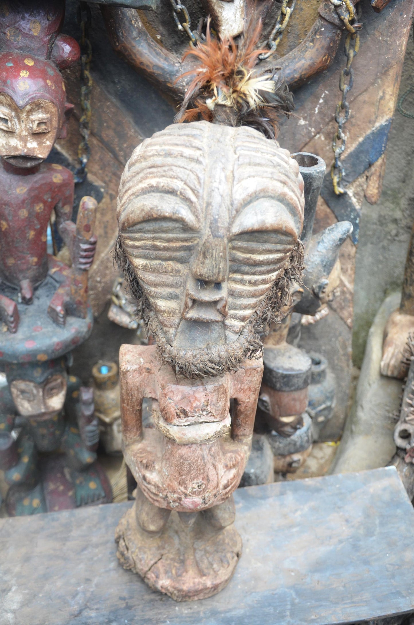 African Songye Janus Figure – Hand-Carved Wood Nkisi Power Statue Art