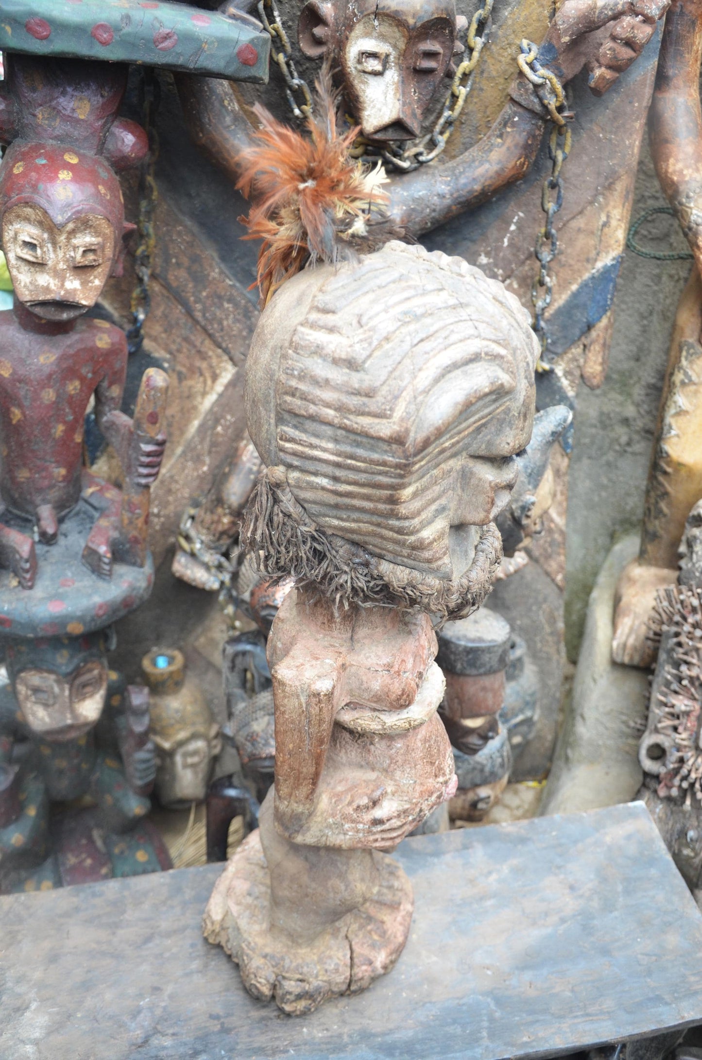 African Songye Janus Figure – Hand-Carved Wood Nkisi Power Statue Art