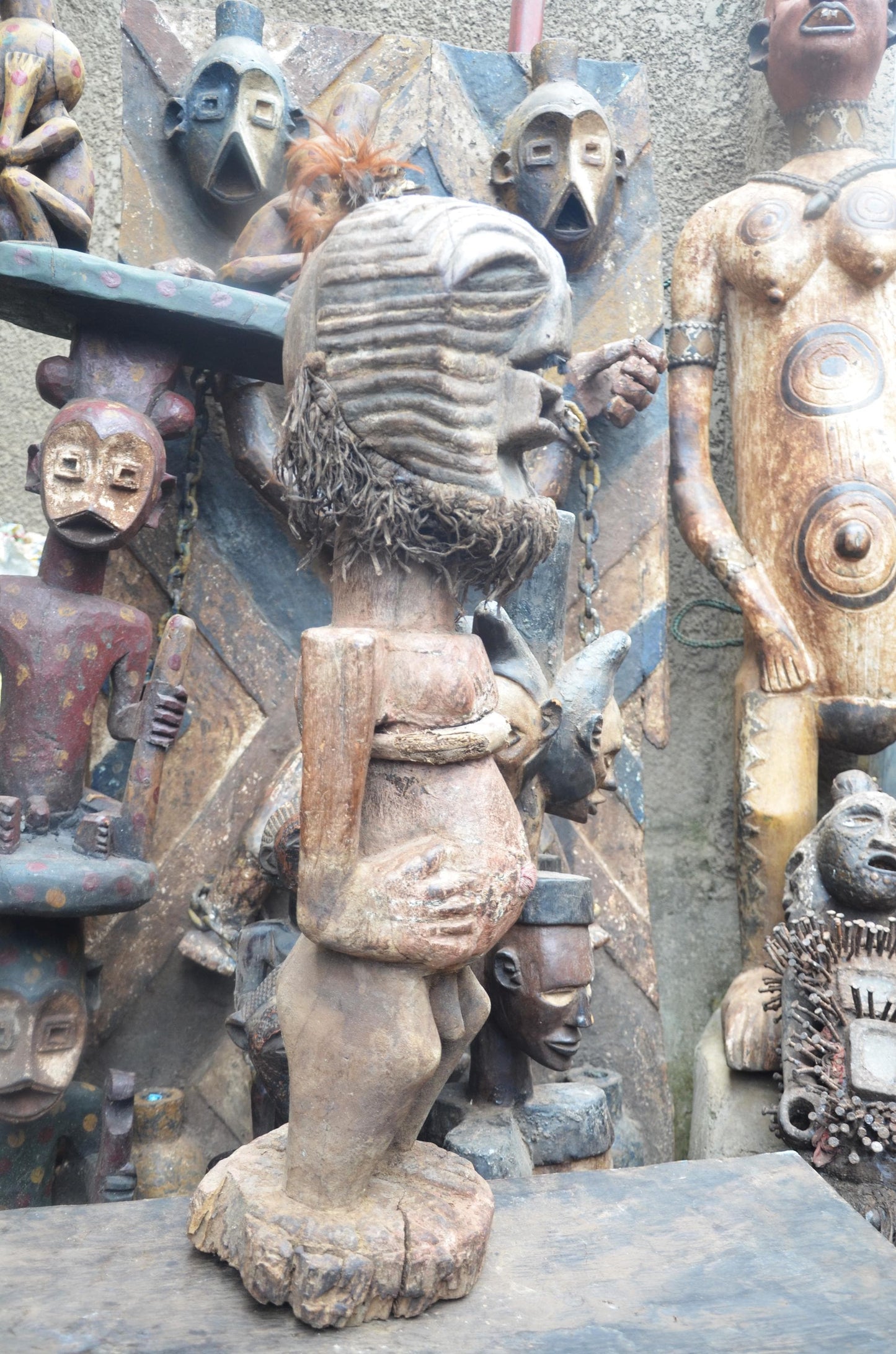 African Songye Janus Figure – Hand-Carved Wood Nkisi Power Statue Art