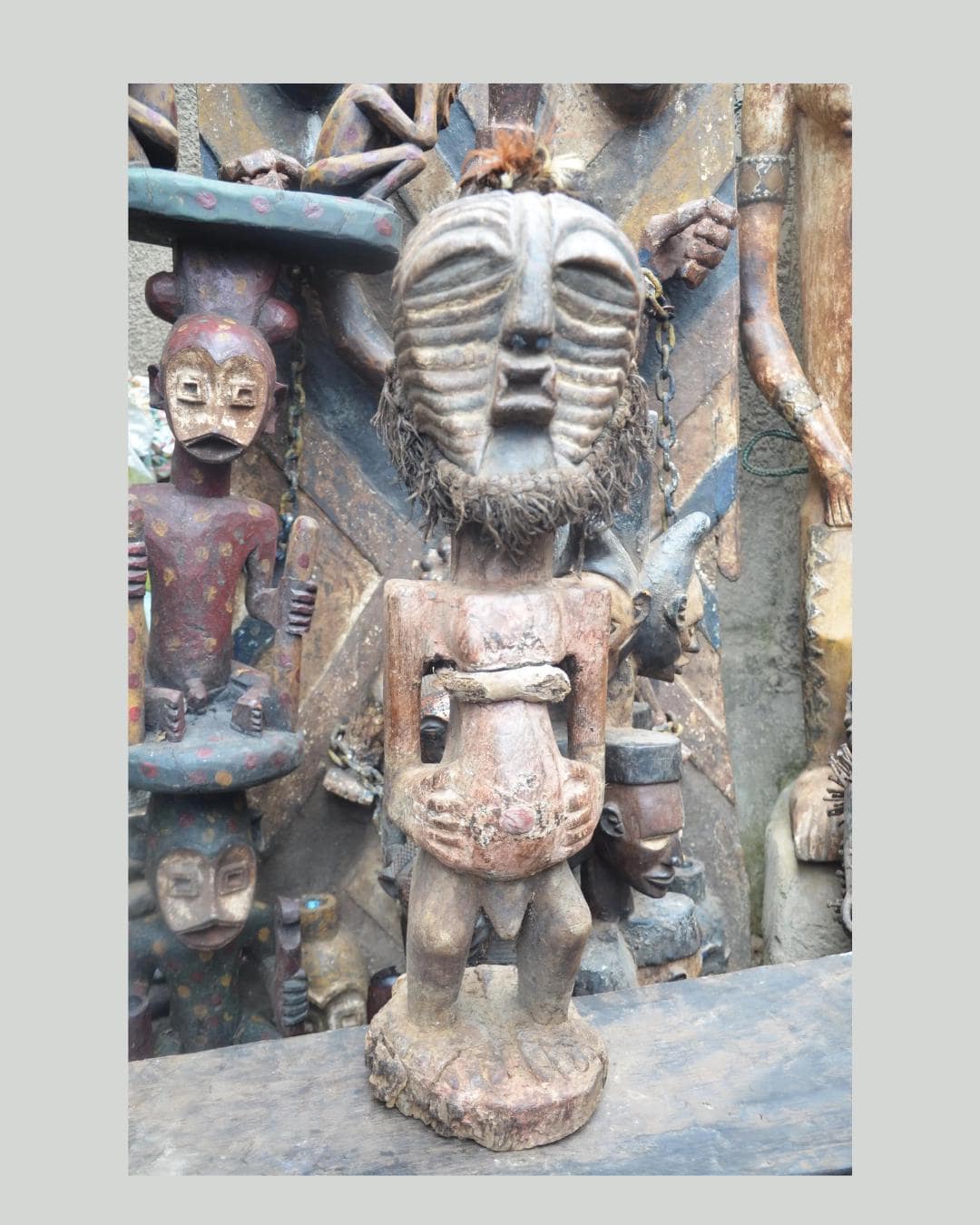 African Songye Janus Figure – Hand-Carved Wood Nkisi Power Statue Art