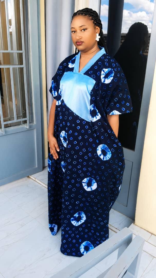 Indigo Moon Boubou | Flowing Maxi Dress | Elegant African Kaftan with Sky-Blue Accents