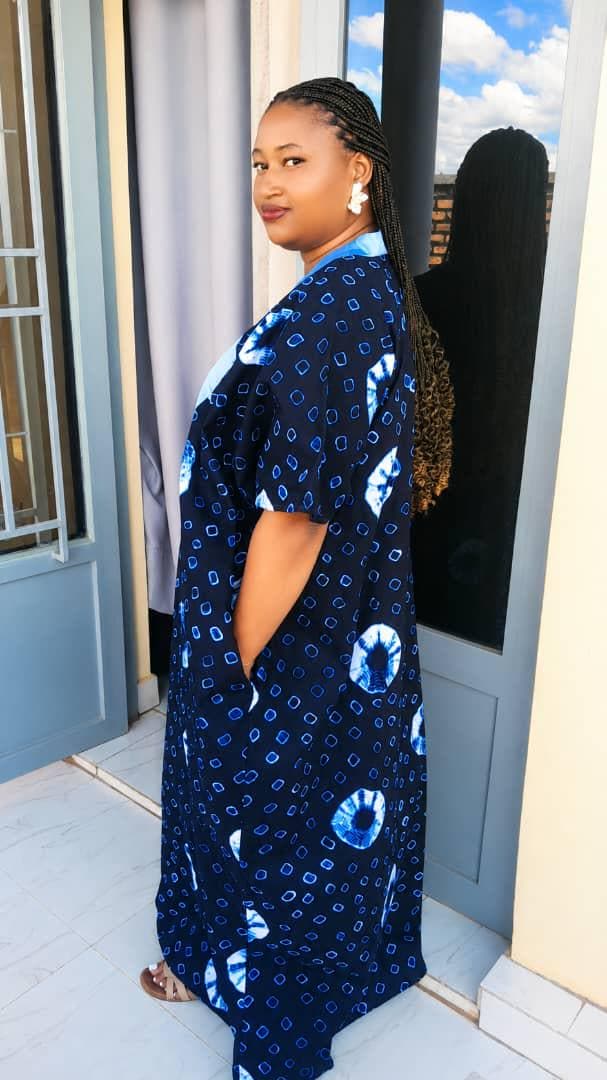 Indigo Moon Boubou | Flowing Maxi Dress | Elegant African Kaftan with Sky-Blue Accents