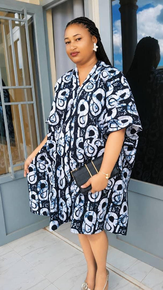 Midnight Bloom Pocket Kaftan | Chic Black & White Short Kaftan | Relaxed Abstract Dress