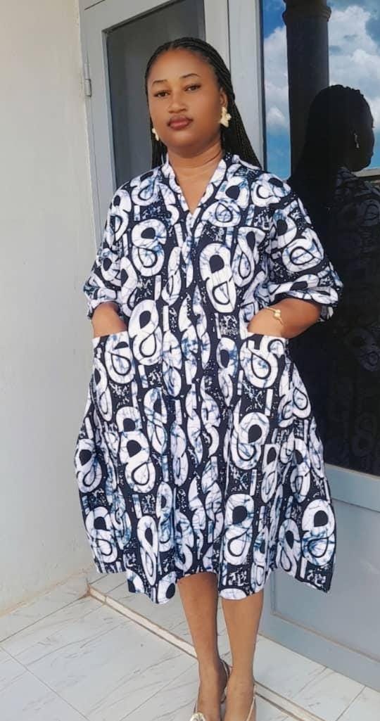 Midnight Bloom Pocket Kaftan | Chic Black & White Short Kaftan | Relaxed Abstract Dress