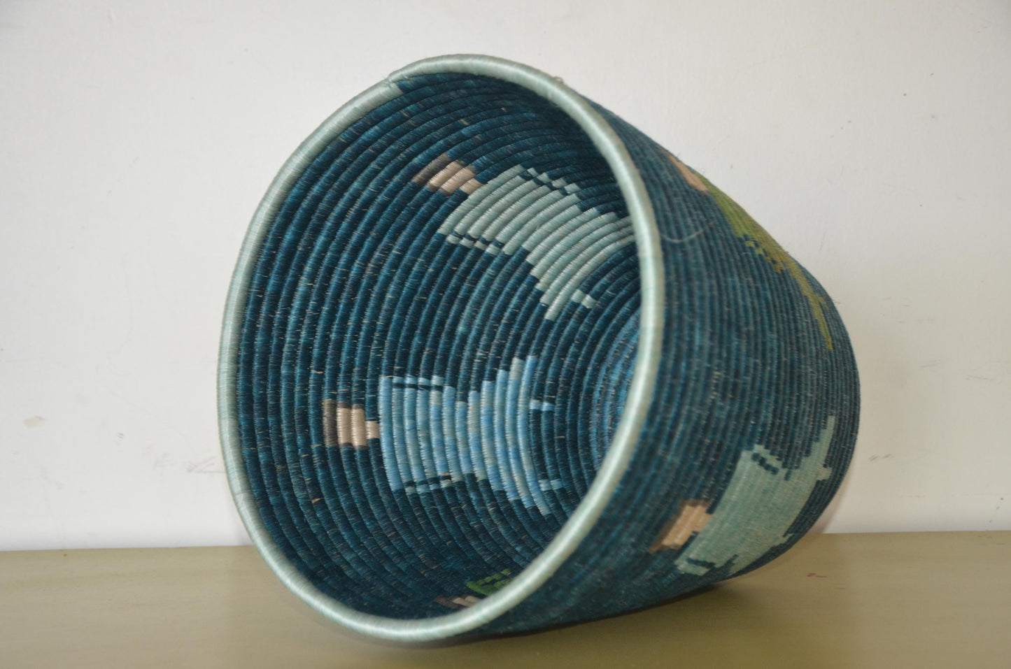 Handwoven African Coiled Basket | Deep Blue Figurative Art | Artisanal Storage Vessel