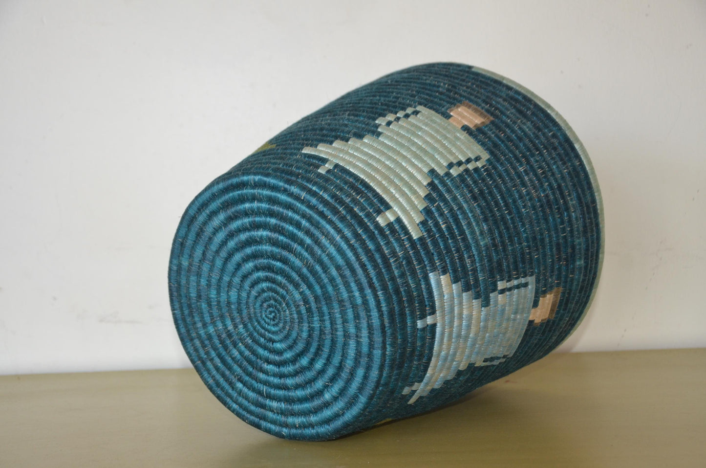 Handwoven African Coiled Basket | Deep Blue Figurative Art | Artisanal Storage Vessel