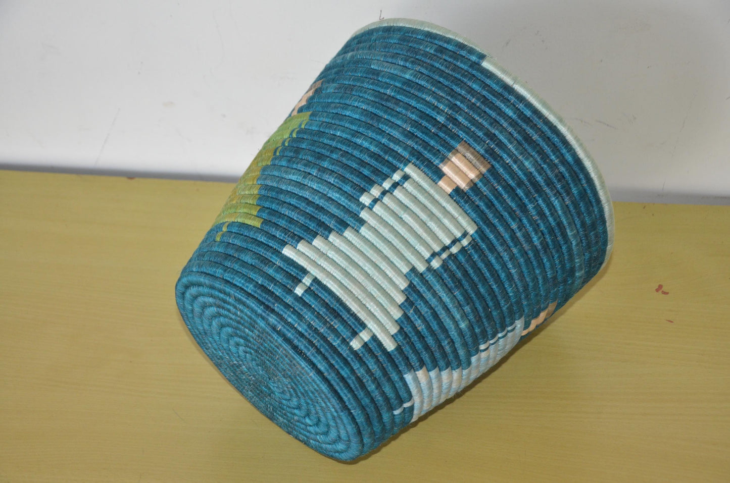 Handwoven African Coiled Basket | Deep Blue Figurative Art | Artisanal Storage Vessel