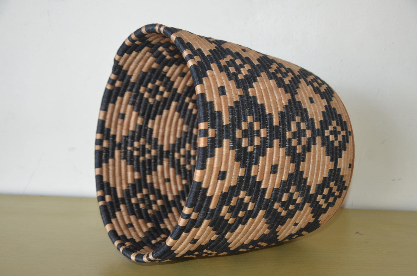 Handwoven African Coiled Basket | Geometric Diamond Grid | Artisan Storage Vessel