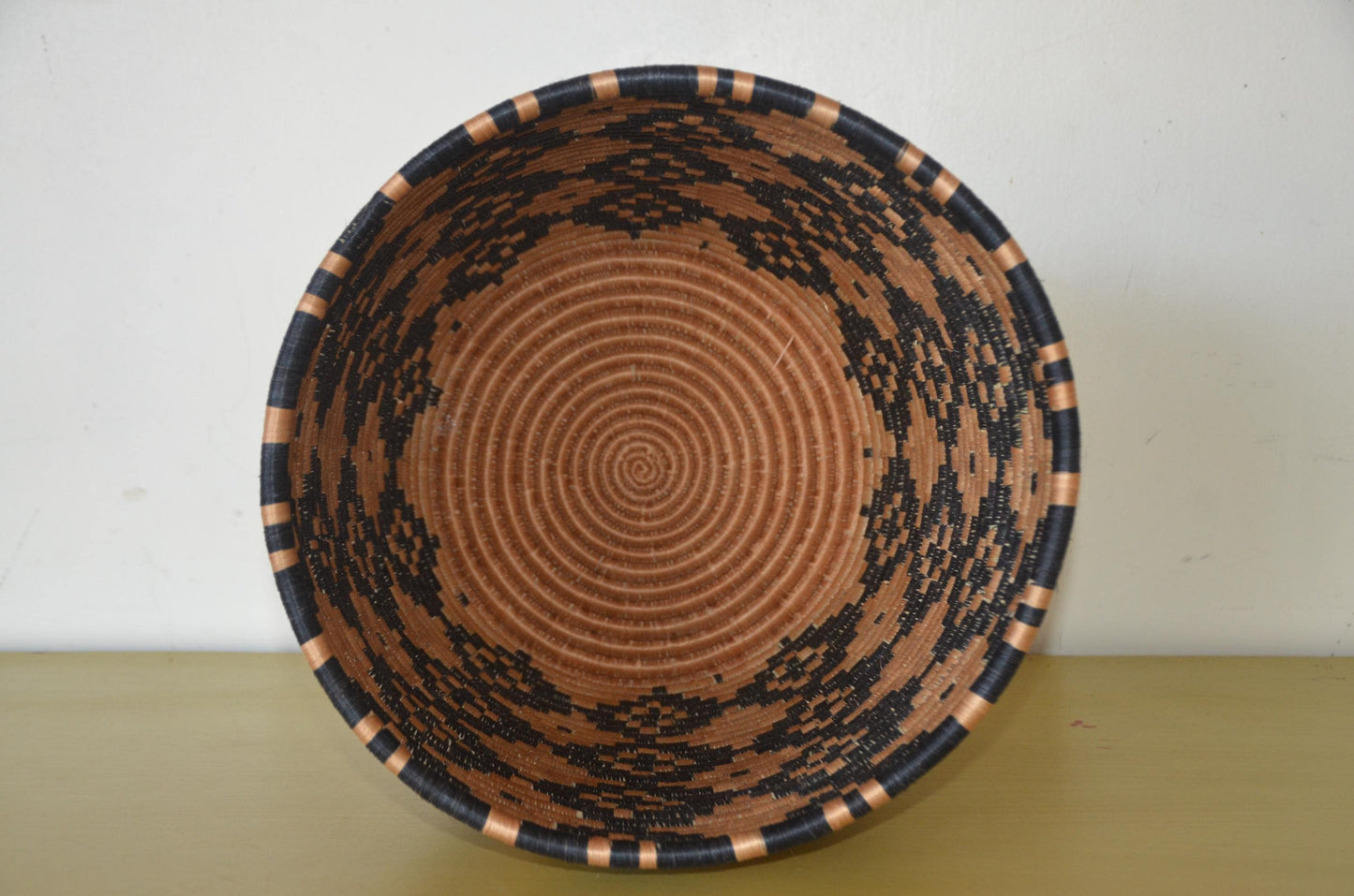 Handwoven African Coiled Basket | Geometric Diamond Grid | Artisan Storage Vessel