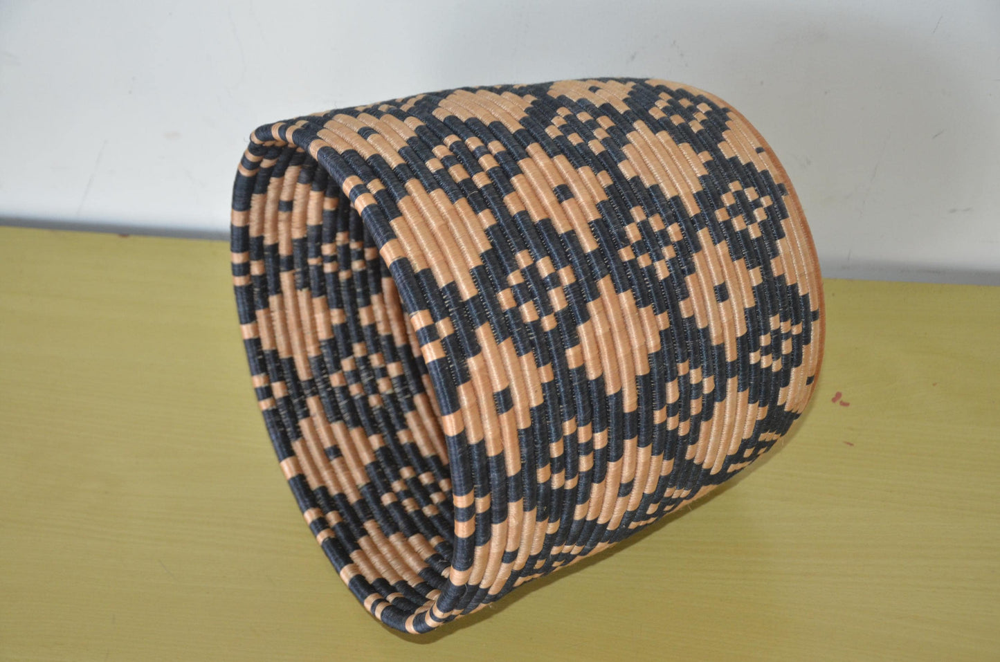 Handwoven African Coiled Basket | Geometric Diamond Grid | Artisan Storage Vessel