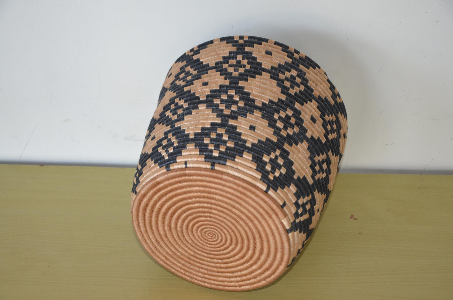 Handwoven African Coiled Basket | Geometric Diamond Grid | Artisan Storage Vessel