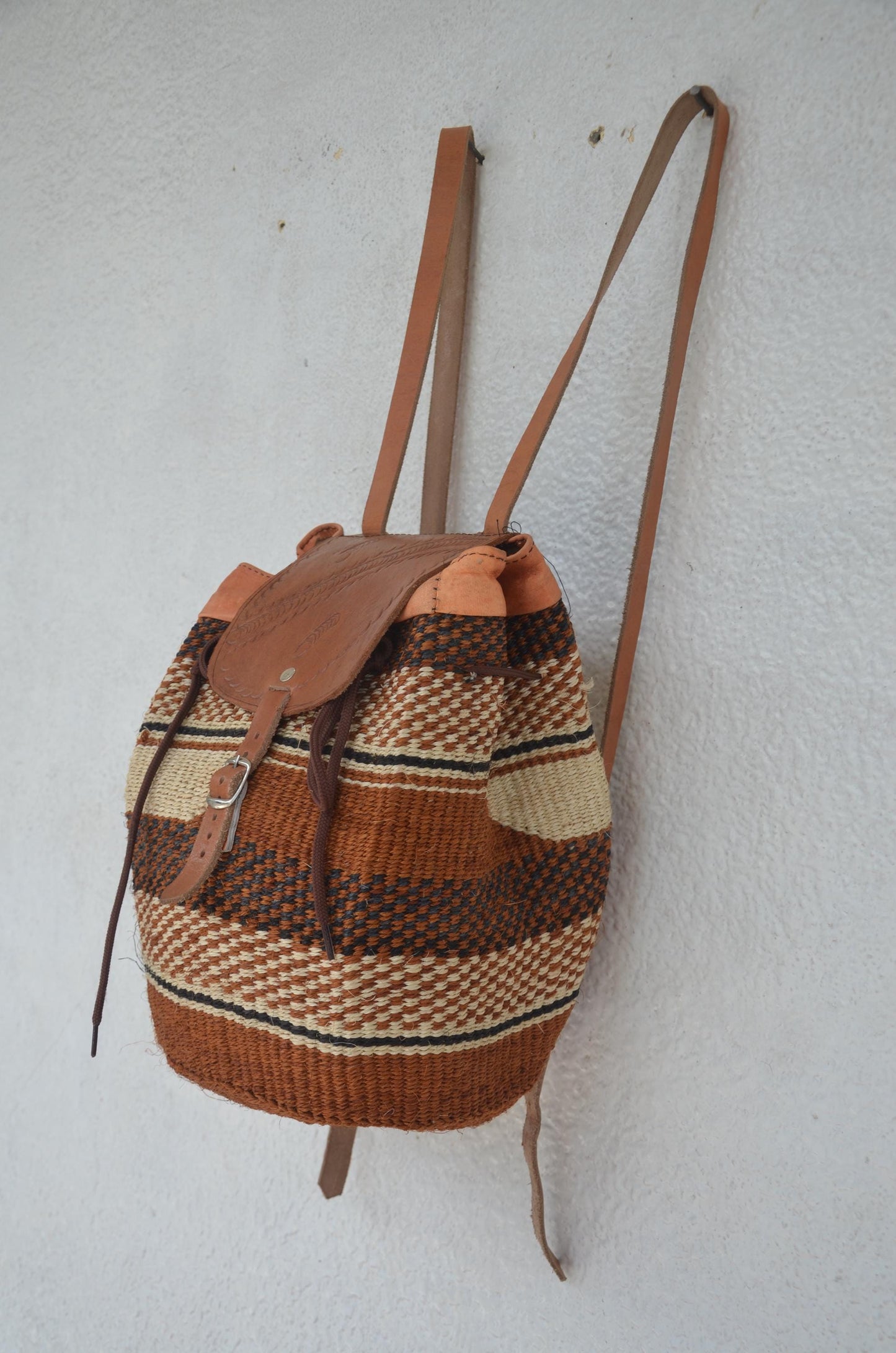 Handwoven Artisan Backpack | Leather-Trimmed Rucksack | Boho Everyday Daypack