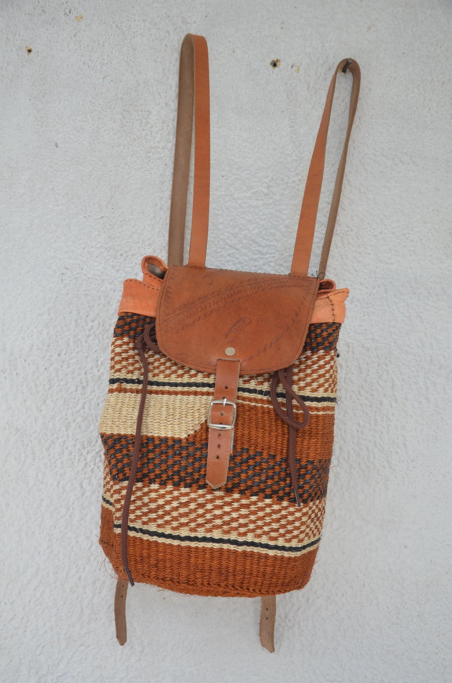 Handwoven Artisan Backpack | Leather-Trimmed Rucksack | Boho Everyday Daypack