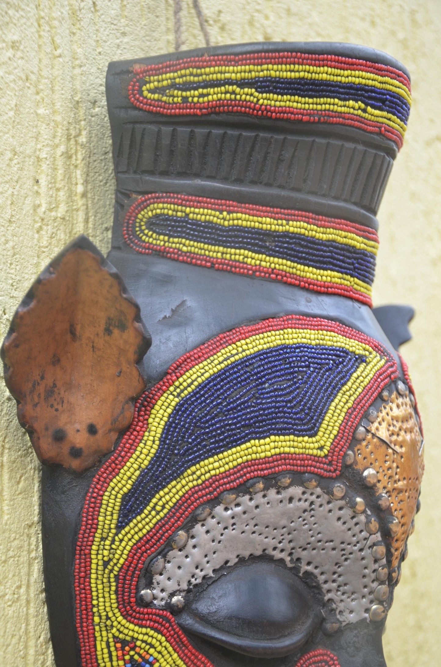 Bamana Beaded Mask | Authentic Malian Tribal Art | Metal-Overlay Ceremonial Sculpture