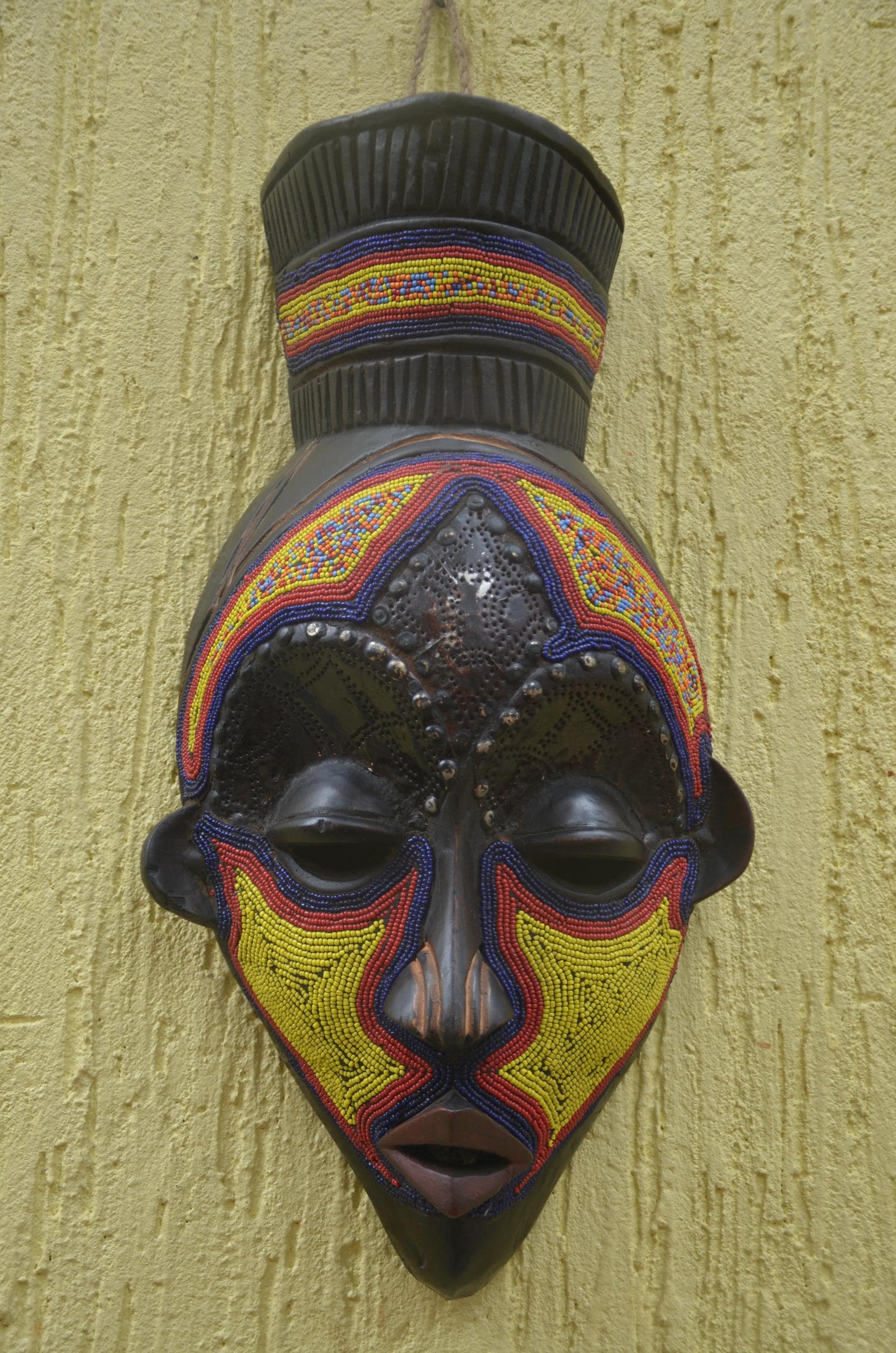 Bamana Beaded Mask | Authentic Malian Tribal Art | Metal-Overlay Ceremonial Sculpture