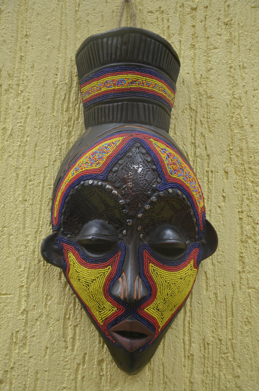 Bamana Beaded Mask | Authentic Malian Tribal Art | Metal-Overlay Ceremonial Sculpture