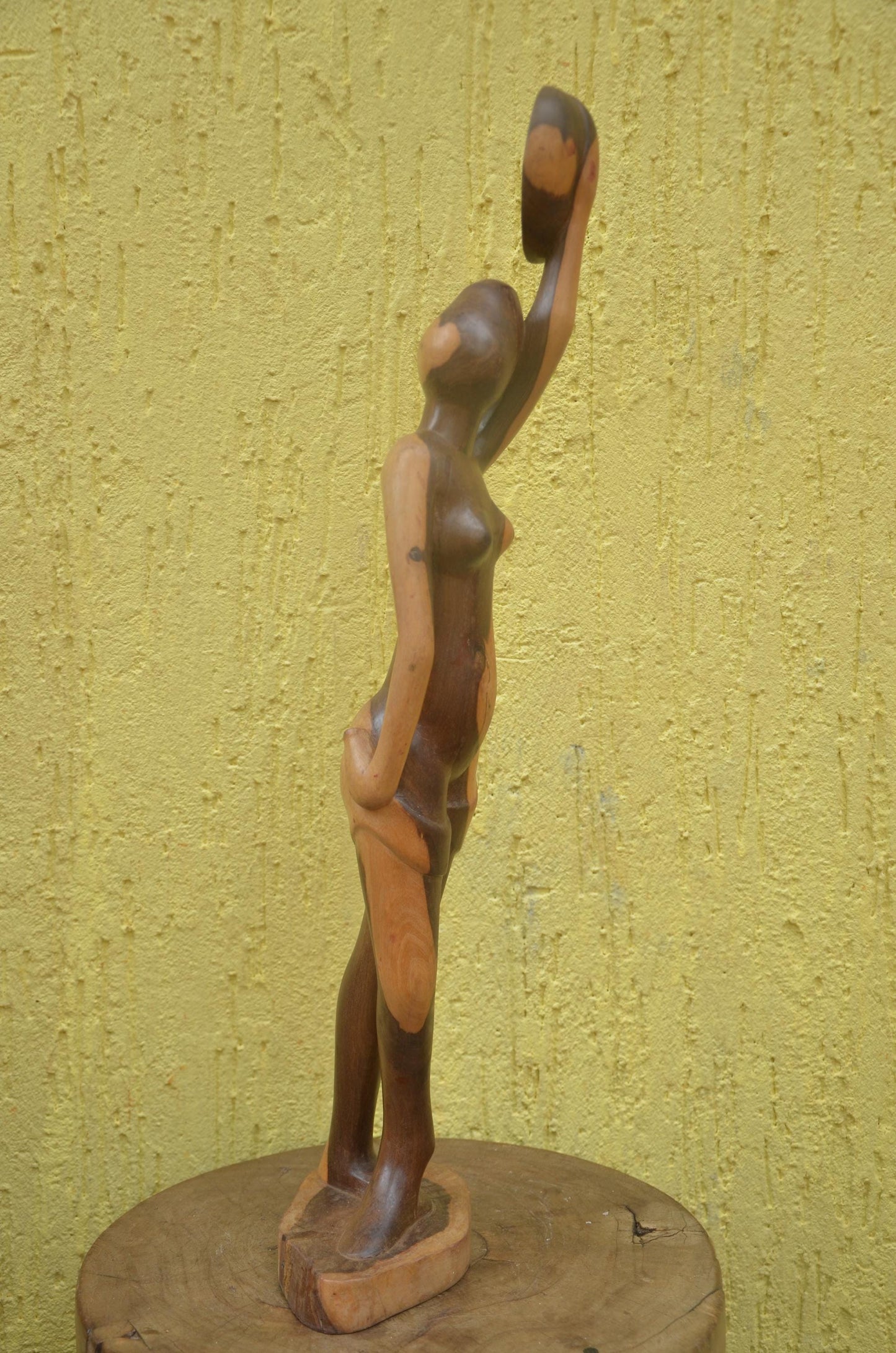 African Woman with Basket Sculpture | Hand-Carved Dual-Tone Wood | Graceful Figurine