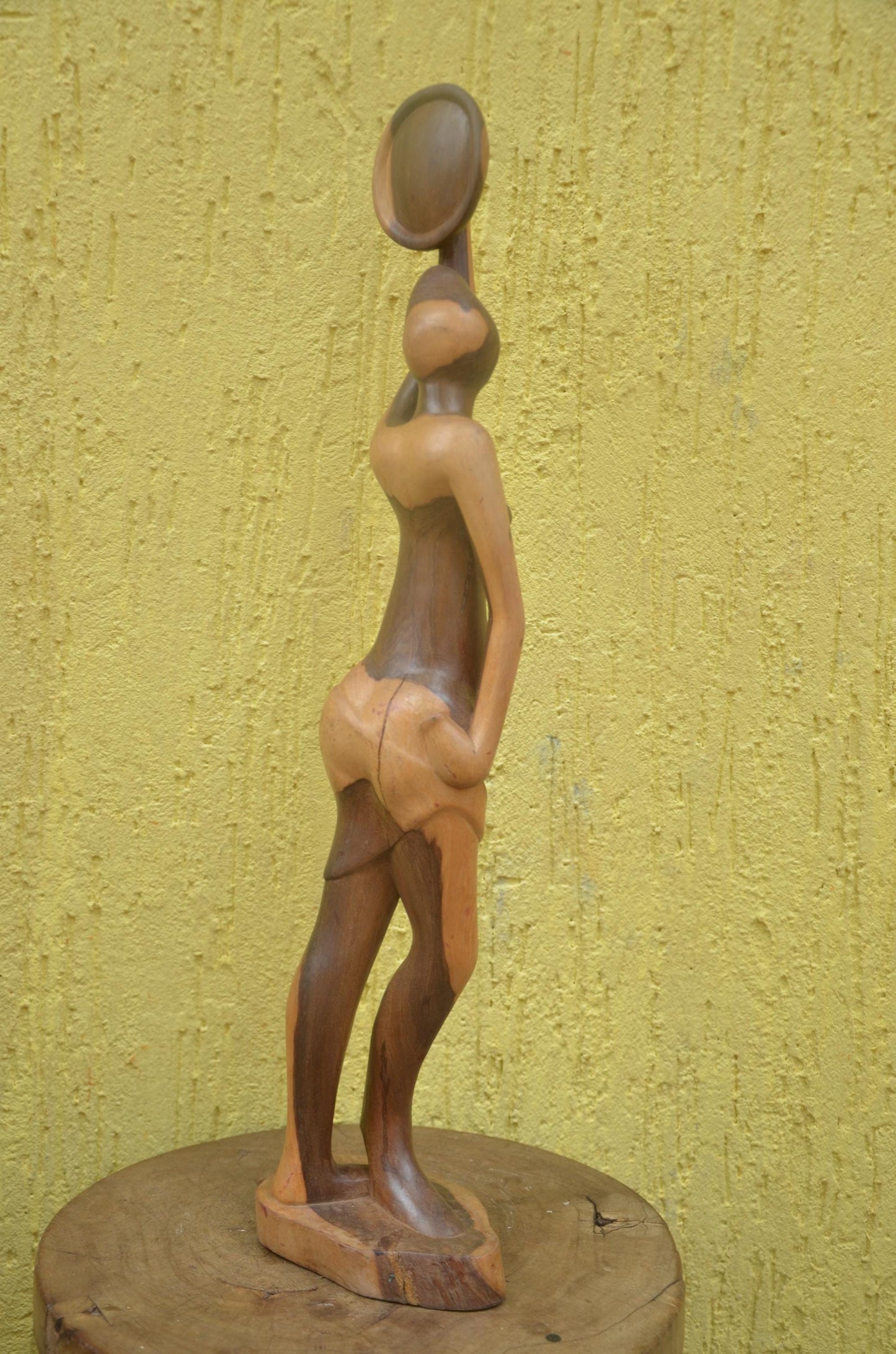 African Woman with Basket Sculpture | Hand-Carved Dual-Tone Wood | Graceful Figurine