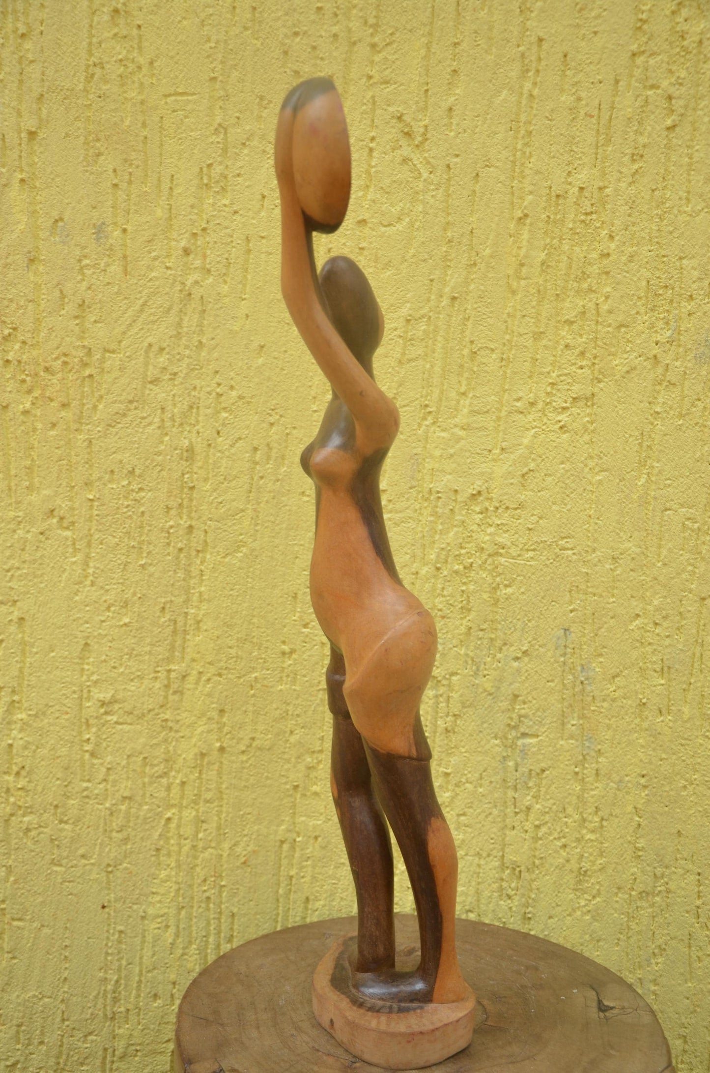 African Woman with Basket Sculpture | Hand-Carved Dual-Tone Wood | Graceful Figurine