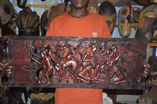 African Village Harvest Relief Plaque – Large Wood Tribal Wall Art Panel