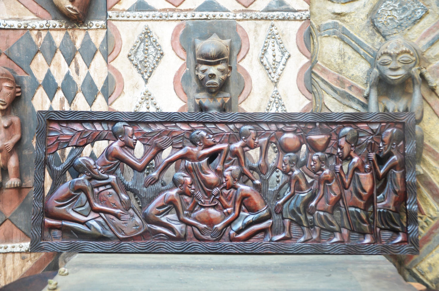 African Village Harvest Relief Plaque – Large Wood Tribal Wall Art Panel