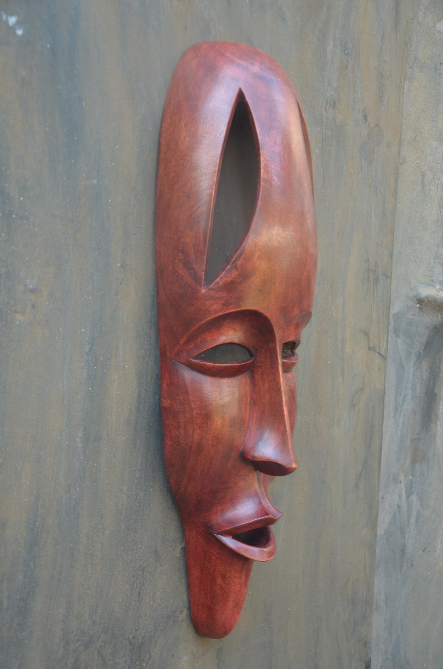 Contemporary Rwandan Mask | Hand-Carved Wood Sculpture | Elongated Wall Decor