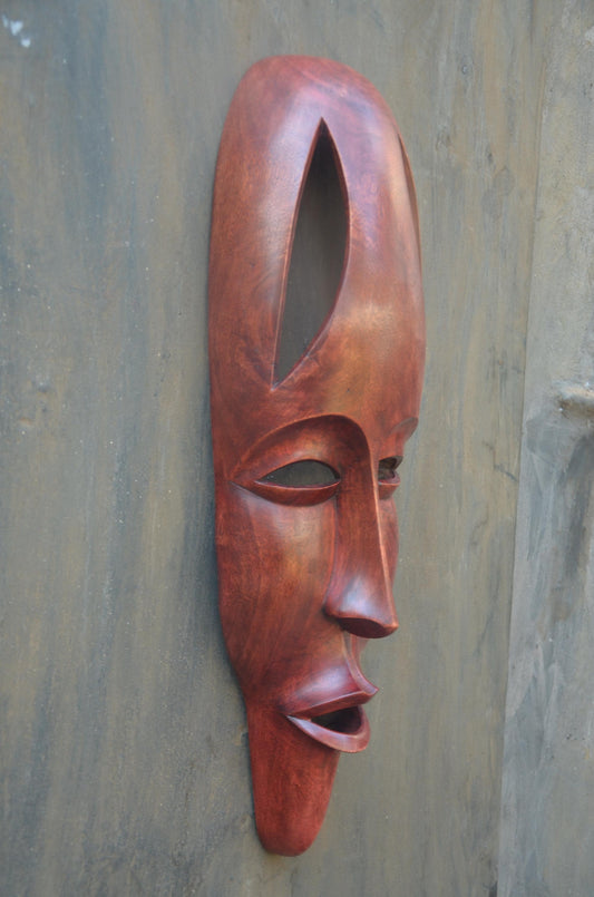 Contemporary Rwandan Mask | Hand-Carved Wood Sculpture | Elongated Wall Decor