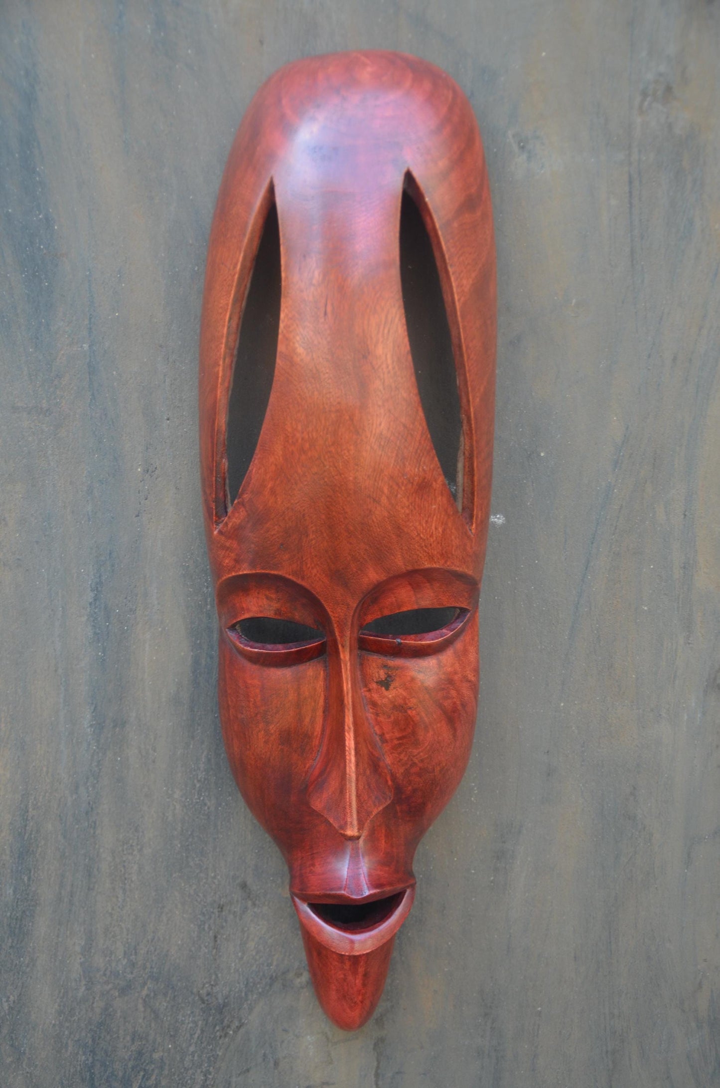Contemporary Rwandan Mask | Hand-Carved Wood Sculpture | Elongated Wall Decor