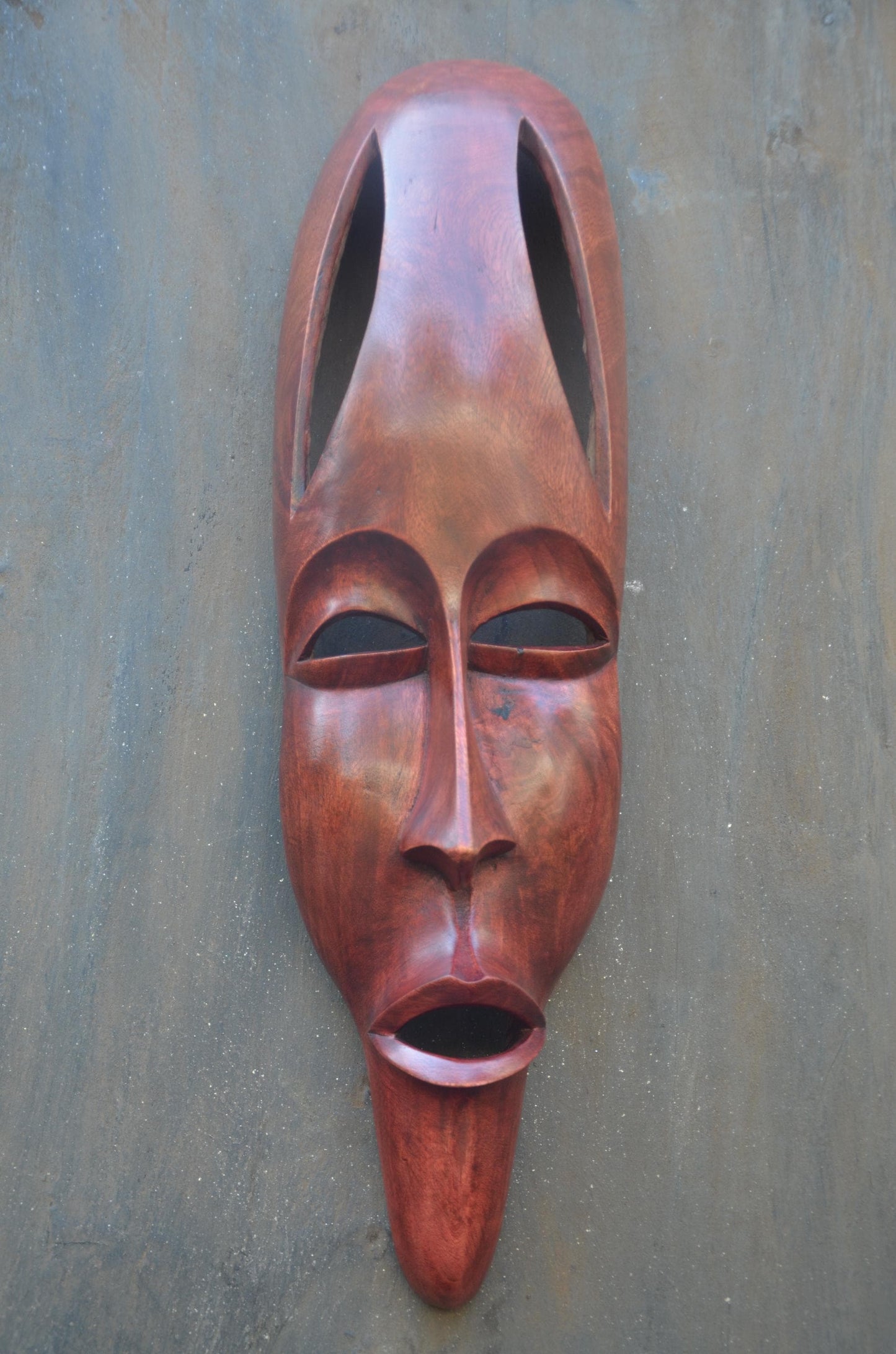 Contemporary Rwandan Mask | Hand-Carved Wood Sculpture | Elongated Wall Decor
