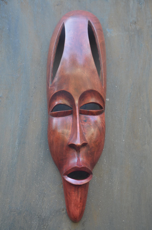 Contemporary Rwandan Mask | Hand-Carved Wood Sculpture | Elongated Wall Decor