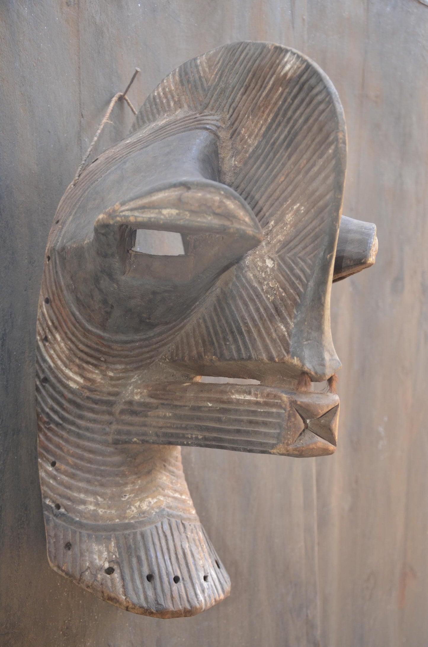 Large Songye Kifwebe Mask | Striated Congolese Wood Sculpture | Dramatic Tribal Wall Art