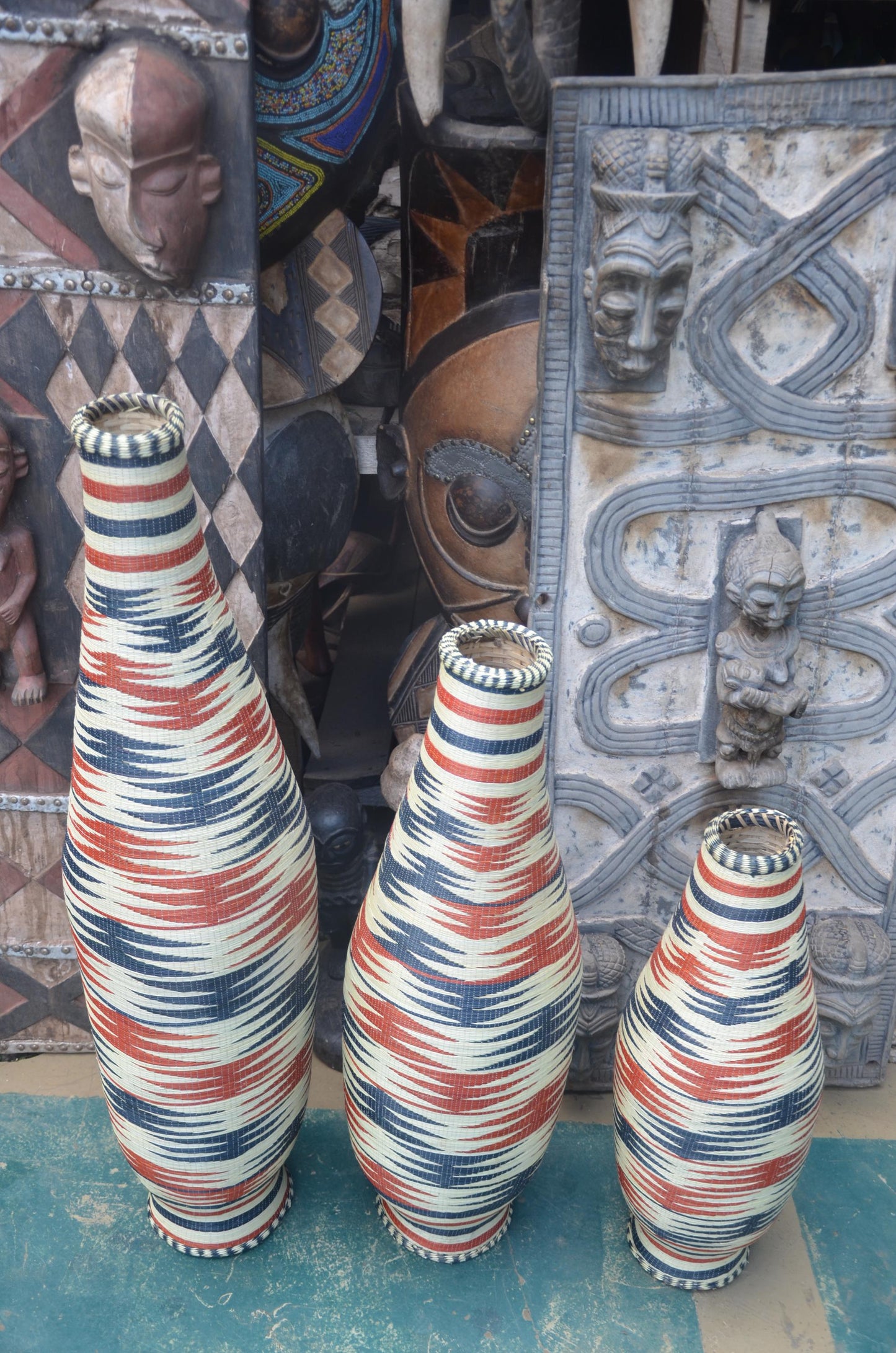 Large Rwandan Patterned Vase | Hand-Woven Floor Decor | Tall Artisan Basketry