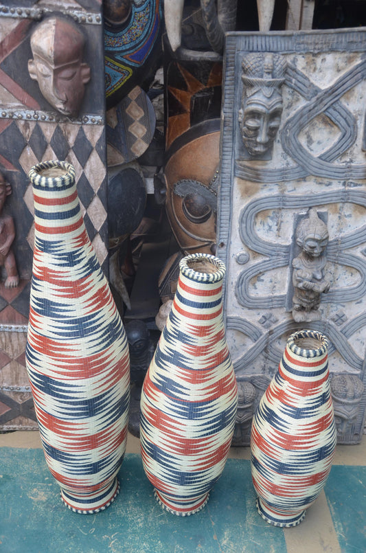Large Rwandan Patterned Vase | Hand-Woven Floor Decor | Tall Artisan Basketry