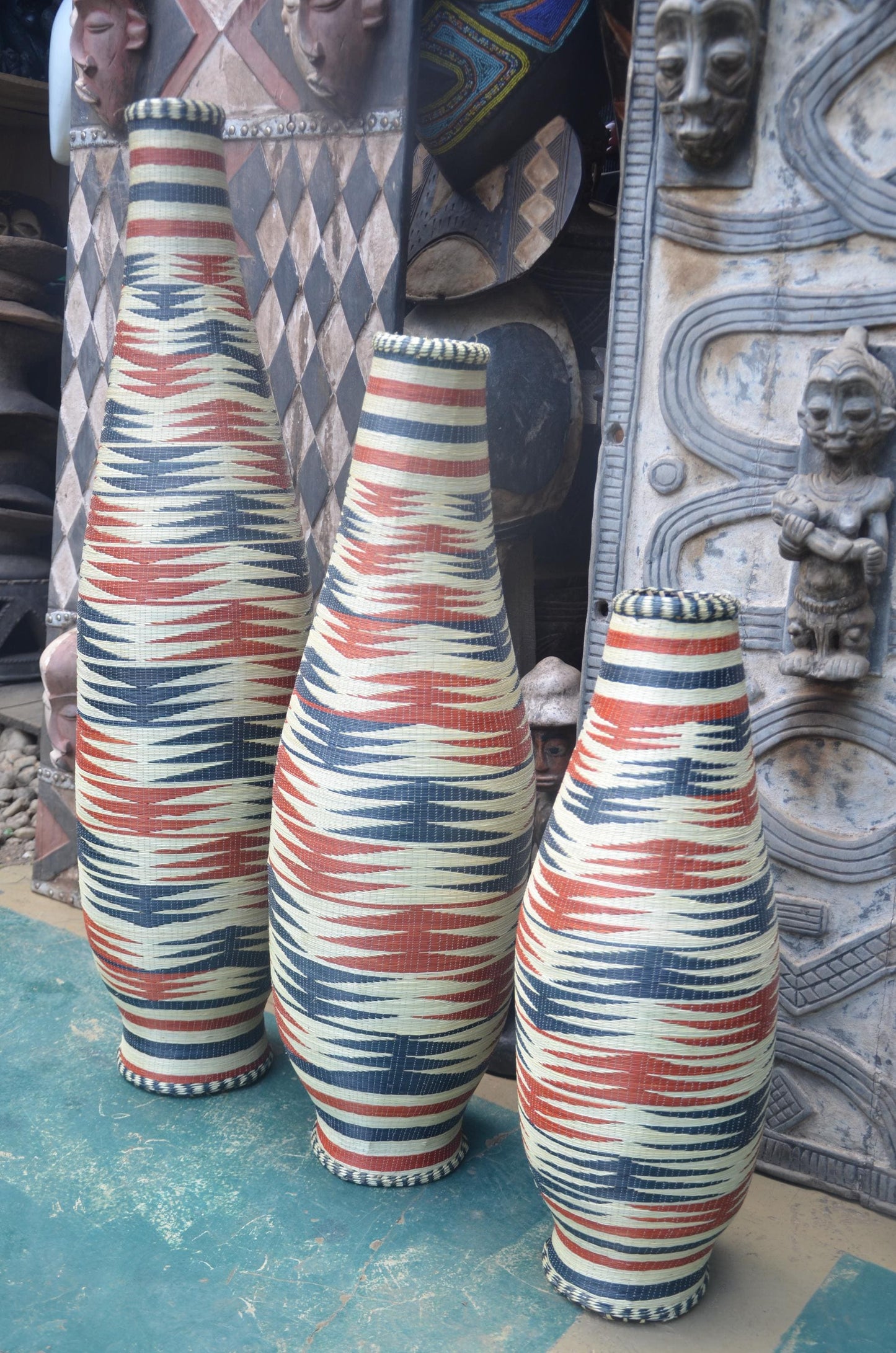 Large Rwandan Patterned Vase | Hand-Woven Floor Decor | Tall Artisan Basketry