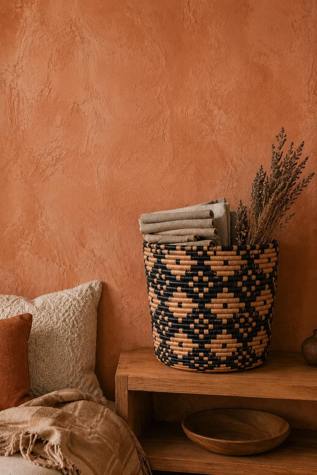 Handwoven African Coiled Basket | Geometric Diamond Grid | Artisan Storage Vessel